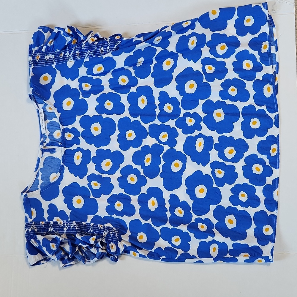 Blossoms Ruffled Sleeve Rayon Blue Gold Blouse - Medium - Picture 1 of 8